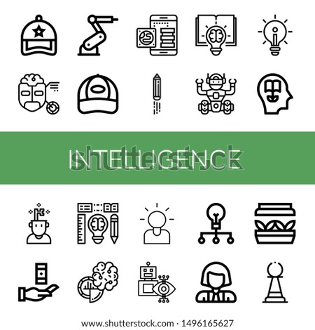 Set of intelligence icons such as Cap, Turing, Industrial robot, Knowledge, Idea, Creative, Robot, Creativity, Brain, Brainstorming, Scientist, Artificial light , intelligence