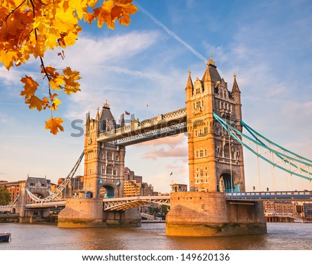 Tower bridge with autumn leaves, London Royalty-Free Stock Photo #149620136