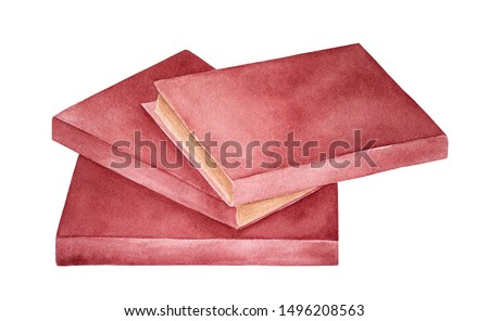 Small pile of books with dark red cover. Symbol of education, learning, knowledge, memory, literature. Handdrawn watercolour graphic painting on white, cutout clip art element for design decoration.