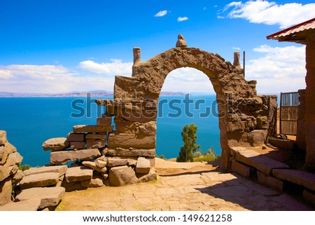 Rocky Arch on Taquile Island , Puno, Peru Royalty-Free Stock Photo #149621258