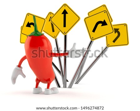 Hot chili pepper character confused with road signs isolated on white background. 3d illustration