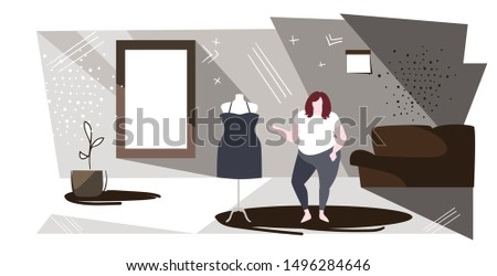 fat overweight woman choosing new dress in fashion shop over size girl visiting female clothes market shopping mall boutique interior sketch full length horizontal vector illustration