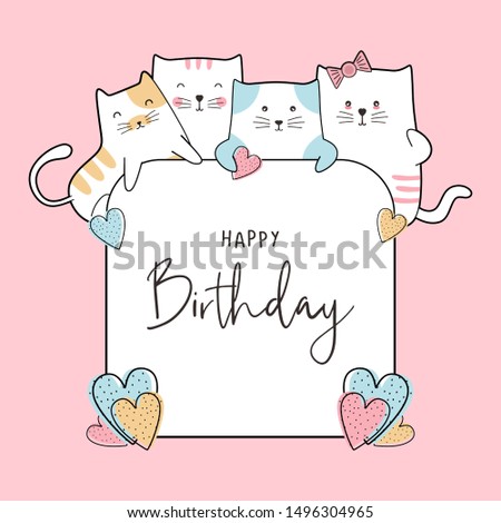 Birthday celebration card design with cute baby cats drawing. Funny happy decoration for kids and children anniversary banner, background, and flyer template. Vector illustration pastel colors.