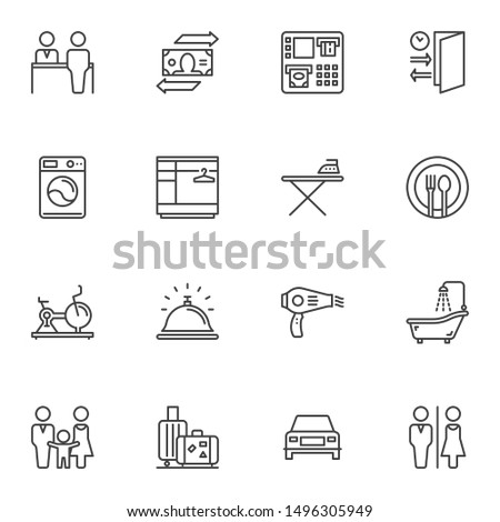 Hotel service line icons set. linear style symbols collection, outline signs pack. vector graphics. Set includes icons as laundromat, reception, restaurant, gym, shower, toilet, food tray, family room