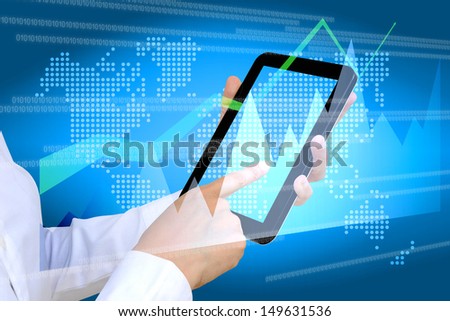 hand pushing a business graph on a touch screen interface