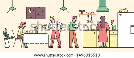 Sweet Home. Families who happy eating and washing dishes. flat design style minimal vector illustration.