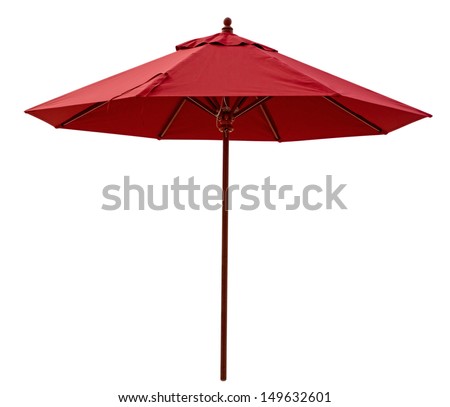Red beach umbrella isolated on white. Clipping path included. Royalty-Free Stock Photo #149632601