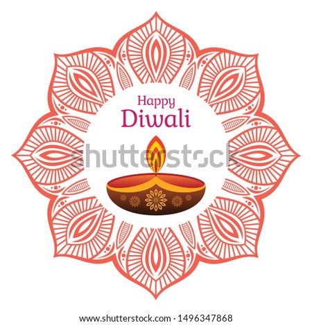 Greeting card for Diwali festival with diwali oil lamp and mandala. Diwali or Deepavali celebration day. Festival of lights. Vector color illustration.