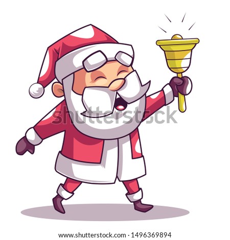 Christmas Santa Holding Bell Cartoon Sticker.Vector Illustration Isolated on White Background