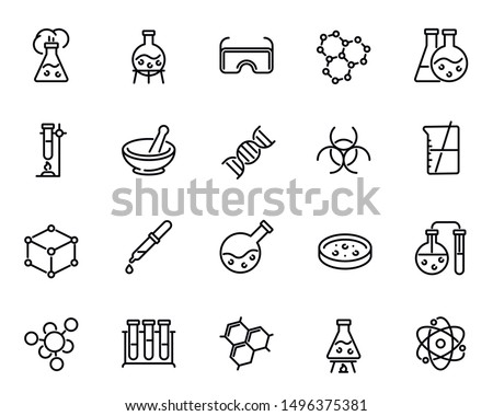 Chemical lab research vector linear icons set. Scientific laboratory test and analysis thin line illustrations pack. Chemistry and biotechnology design elements. Molecules isolated cliparts collection Royalty-Free Stock Photo #1496375381