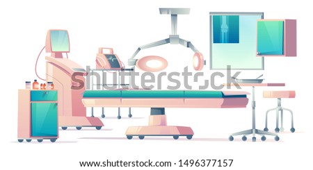 Surgery room, operating medical equipment set. Medicine life support system for emergency operation in hospital. Clinic stuff, healthcare surgical elements, lamp. Cartoon vector illustration, clip art