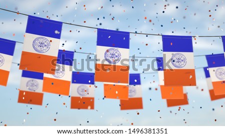 New Yorker flags in the sky with confetti.
