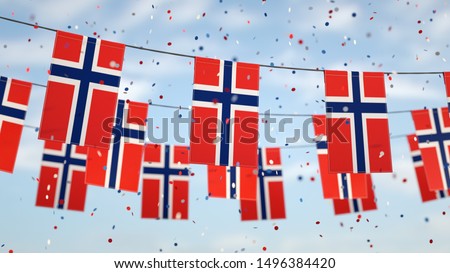 Norwegian flags in the sky with confetti.