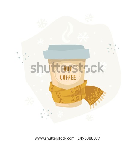 Vector illustration of hot coffee in paper cup with scarf in flat design for winter holidays.