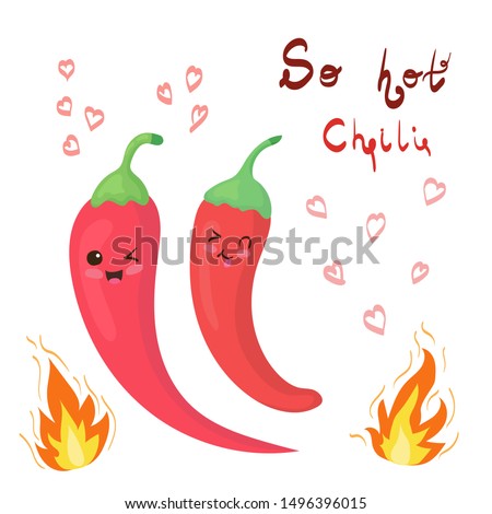 Cute hot chili peppers vector illustration isolated on white background. So hot hand drawing lettering doodle with fire and hearts. Spicy food concept in kawaii flat style. Red chili plants smiling.