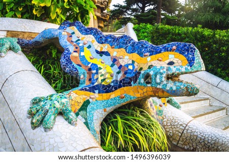 Multicolored mosaic salamander at Park Guell in Barcelona city