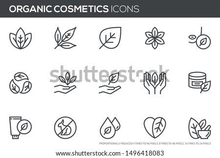 Natural and organic cosmetics vector line icons set. Skincare, no synthetic fragrance and colors, no animal testing. Editable stroke. Perfect pixel icons, such can be scaled to 24, 48, 96 pixels. Royalty-Free Stock Photo #1496418083
