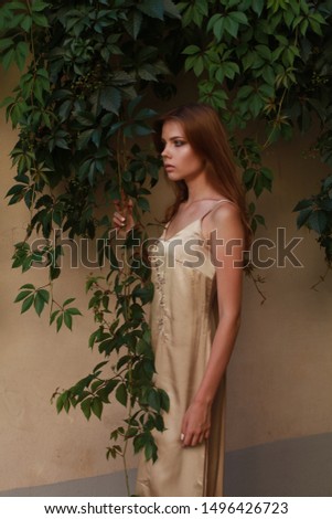 The style of street fashion. Professional photoshoot of a brunette model in stylish silk evening gown in an urban environment.  posing near the wall covered with green leaves, warm summer day