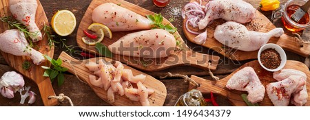Panorama banner of raw chicken portions for cooking and barbecuing with skinless breasts and diced strips for goulash or stir fry with legs and wings with skin viewed from above with fresh seasoning Royalty-Free Stock Photo #1496434379