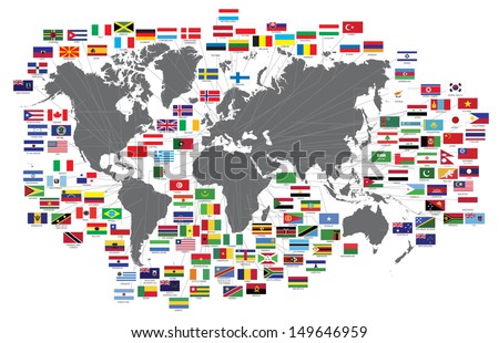 Collection of all national flags with world map and names.Vector illustration icons set design. Use for website, template,wallpaper,backdrop,brochure,leaflet,flyer.