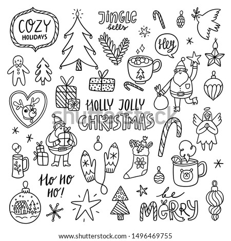 Holly Jolly Christmas cartoon outline doodles, black and white clip art, isolated on white background