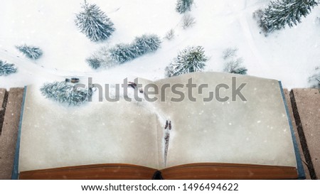 open fairytale magical book. Christmass pine forest and horse cart from above. bird's eye, drone shot. amazing natural winter background. 