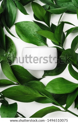 White cream in open jar top view with decorative green foliage. Organic cosmetics skincare product with natural ingredients on white background with plant twigs. Eco-friendly beauty industry concept Royalty-Free Stock Photo #1496510075