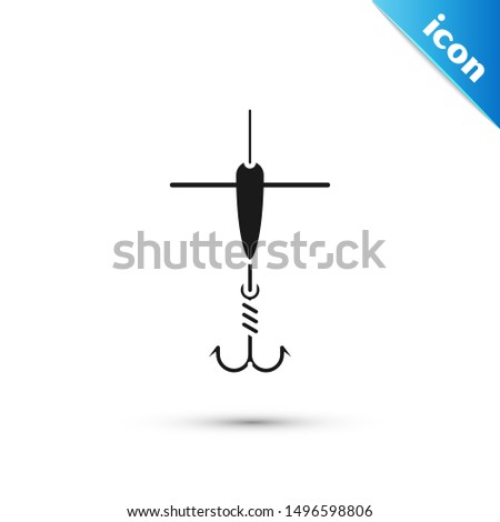 Black Fishing hook and float icon isolated on white background. Fishing tackle.  Vector Illustration