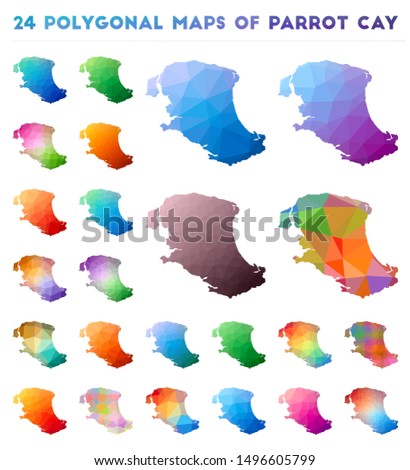 Set of vector polygonal maps of Parrot Cay. Bright gradient map of island in low poly style. Multicolored Parrot Cay map in geometric style for your infographics.