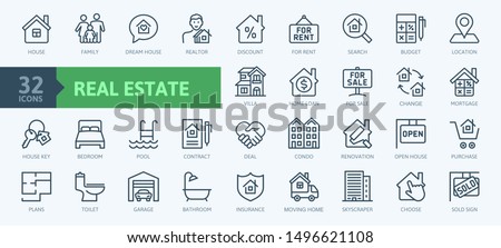 Real Estate minimal thin line web icon set. Included the icons as realty, property, mortgage, home loan and more. Outline icons collection. Simple vector illustration. Royalty-Free Stock Photo #1496621108
