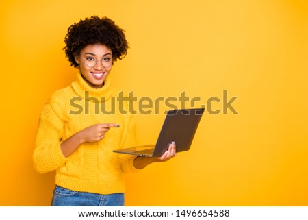 Remore work concept. Photo of clever experienced girl looking for teacher tutor on web-page want to learn study via internet and recommend you to do the same holding using netbook isolated background