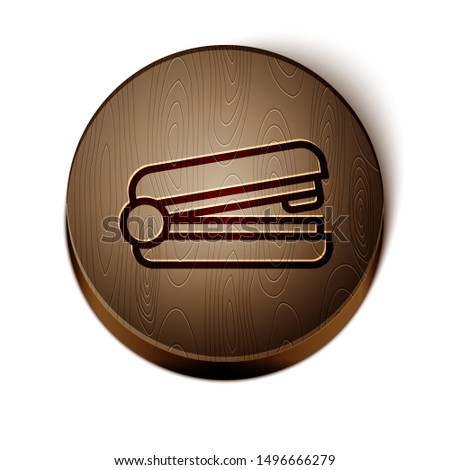 Brown line Office stapler icon isolated on white background. Stapler, staple, paper, cardboard, office equipment. Wooden circle button. Vector Illustration