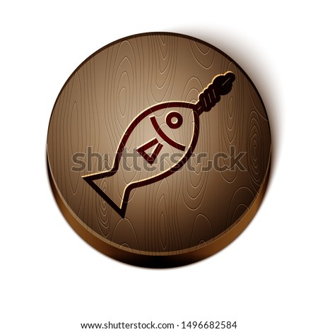 Brown line Fish on hook icon isolated on white background. Wooden circle button. Vector Illustration