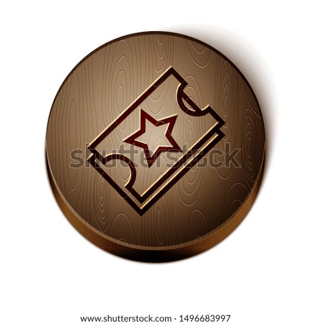 Brown line Ticket icon isolated on white background. Amusement park. Wooden circle button. Vector Illustration