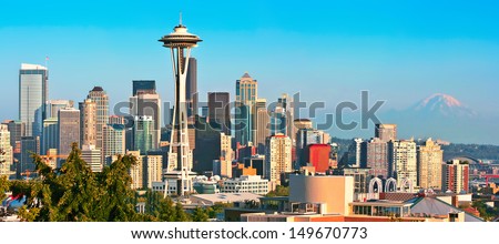 Seattle skyline panorama at sunset as seen from Kerry Park, Seattle, WA Royalty-Free Stock Photo #149670773
