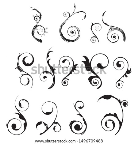 Vector set of floral calligraphic elements, dividers and rose ornaments for page decoration and frame design. Decorative silhouette for wedding cards and invitations. Vintage flowers and leaves.