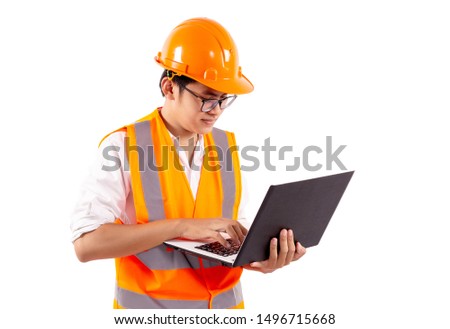 Young Asian engineer wears glasses are happy while using a laptop isolated on white background.