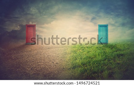 Global warming, environment and climate change concept as half of field is alive and another dead nature. Two doors leading to the near feature. People choice and decisions towards Earth planet. Royalty-Free Stock Photo #1496724521