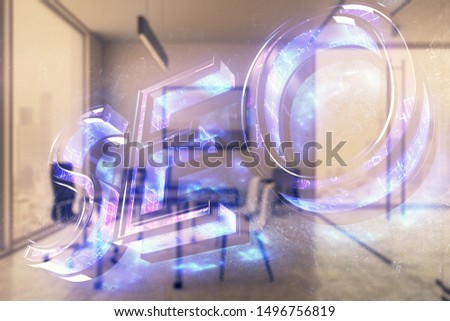 Seo sign hologram with minimalistic cabinet interior background. Double exposure. Search engine concept.