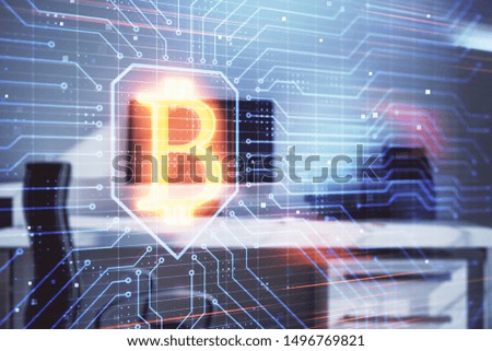 Blockchain theme hologram with desktop office background. Double exposure. Crypto business concept.