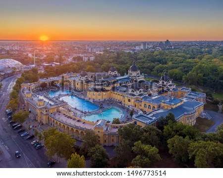 Europe, Hungary, Budapest. Aerial Photo from a thermal bath in Budapest. Szechenyi thermal bath in the city park of Budapest.  Royalty-Free Stock Photo #1496773514