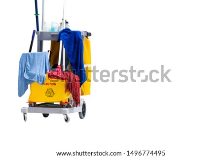 Janitorial car cleaning equipment in process isolated on white background.