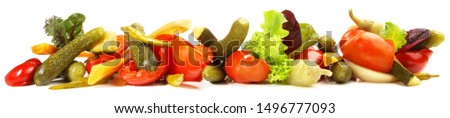 Mixed Pickles Panorama on white Background Royalty-Free Stock Photo #1496777093