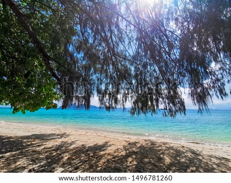 Seascape  of "koh kradan" thailand with shade from big tree and flare from sun