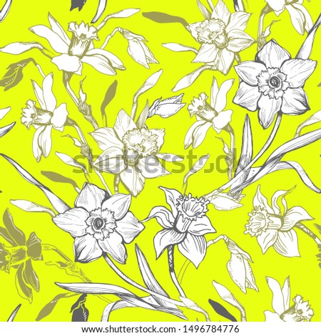 Floristic seamless pattern with elegant hand drawn white flowers of Narcissus, Daffodils, jonquil on yellow background. Template for textile floral design