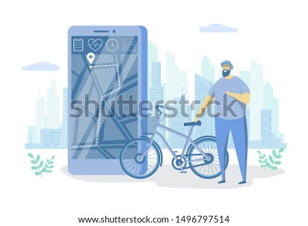 Bike sharing, vector flat style design illustration. Man and woman renting bicycles, finding docking station using mobile app. Rental bicycle service concept for web banner, website page, etc.