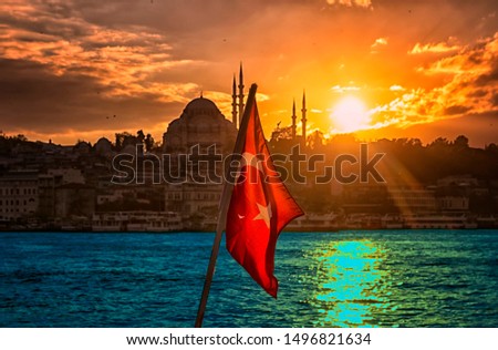 Turkey flag and sunset in front of the Blue Mosque Royalty-Free Stock Photo #1496821634