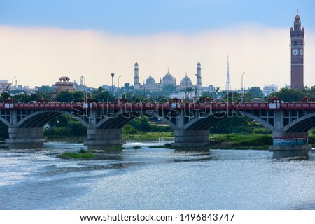 The Red Bridge & Gomti River of Lucknow city (Aerial view)