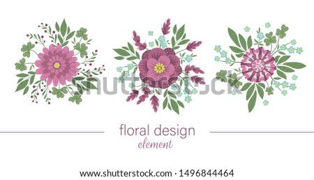 Set of vector floral round decorative elements. Flat trendy illustration with flowers, leaves, branches. Meadow, woodland, forest clip art collection. Beautiful spring or summer garden bouquet
