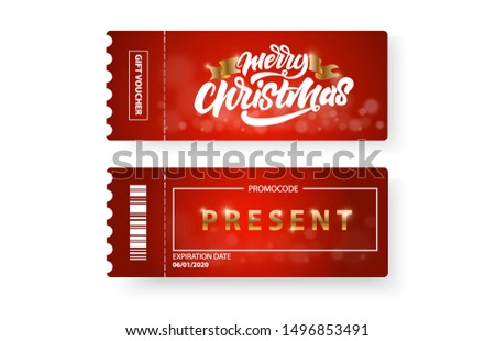 Merry Christmas gift voucher with gold Text isolated. New year.  Vector ticket or the coupon is on the receipt of gifts with Lettering and barcode.
